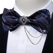 Load image into Gallery viewer, Business Elegant Gold Black Pattern Elegant Wedding Silk Bowtie Men Butterfly Fashion Bow Ties Pocket Square Classic Business Tuxedo Wedding Bowties Handkerchief Set
