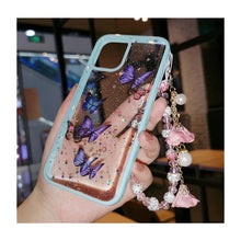 Load image into Gallery viewer, Butterfly Phone Case for iPhone 14 Pro Max 13 12 11 XS XR X 7 8 plus Glitter Clear Covers Bracelet With Lady Pendant Non Moving Dry Fixed Glitter Luxury Shiny Butterfly Wrist Bracelet Chain Soft Silicone Case For Smartphone
