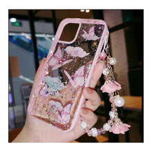 Load image into Gallery viewer, Butterfly Phone Case for iPhone 14 Pro Max 13 12 11 XS XR X 7 8 plus Glitter Clear Covers Bracelet With Lady Pendant Non Moving Dry Fixed Glitter Luxury Shiny Butterfly Wrist Bracelet Chain Soft Silicone Case For Smartphone
