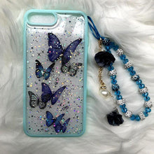 Load image into Gallery viewer, Butterfly Phone Case for iPhone 14 Pro Max 13 12 11 XS XR X 7 8 plus Glitter Clear Covers Bracelet With Lady Pendant Non Moving Dry Fixed Glitter Luxury Shiny Butterfly Wrist Bracelet Chain Soft Silicone Case For Smartphone
