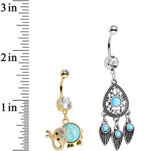 Load image into Gallery viewer, Faux Turquoise Elephant and Dreamcatcher Dangle Belly Ring Set
