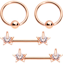 Load image into Gallery viewer, Clear CZ Gem Rose Gold Tone Sky Star Captive Barbell Nipple Ring Set
