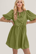 Load image into Gallery viewer, Elegant Ruched Puff Sleeve Mini Dress Vintage Bow Detail Cute Short Dress for Women
