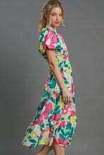 Load image into Gallery viewer, Colorful Full Size Floral Print Puff Sleeve Midi Dress Plus Size Elegant &amp; Feminine Romantic Long Dress
