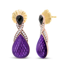 将图片加载到图库查看器，18K Rose Gold Flash Plated .925 Sterling Silver Purple Enamel 1/5 Cttw Round Pave-Set Diamond and 5.5 x 4mm Pear-Shaped Black Onyx Drop Earrings (F-G Color, VS1-VS2 Clarity)
