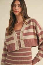 Load image into Gallery viewer, Stripe Crop Cardigan and Bodycon Dress Sweater Set – Two-Piece Knit Set, Striped Crop Cardigan Dress, Cozy Sweater Dress Set, Chic Layered Knit Outfit
