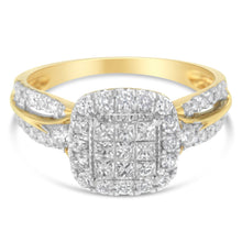 Load image into Gallery viewer, 10K Yellow Gold 1.0 Cttw Diamond Composite Cushion-Shape Halo 3-Band-Look Engagement Ring (H-I Color, SI1-SI2 Clarity) - Size 6-1/4
