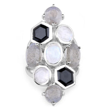 将图片加载到图库查看器，10.30 Carat Genuine White Rainbow Moonstone, Labradorite And Black Onyx .925 Sterling Silver Ring
