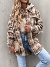 Load image into Gallery viewer, Vintage Retro Style Women Camel Plaid Button Up Jacket with Removable Hood Classic &amp; Cozy Everyday Wear
