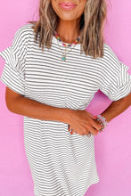 Load image into Gallery viewer, White Striped Round Neck Short Sleeve Mini Dress Casual &amp; Playful Everyday Look Dress
