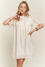 将图片加载到图库查看器，Ruffled Eyelet Round Neck Summer Dress For Women – Elegant Feminine Eyelet Dress with Ruffled Details for Garden Parties &amp; Special Occasions
