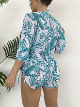 Load image into Gallery viewer, Island Bloom 3-Piece Bikini Set for Women – Tropical Leaf Print Fluttering Swimwear with Flattering Halter Neck Top High Waist Bottoms &amp; Adjustable Drawstring Cover Up – Perfect for Koningsdag Celebrations &amp; Summer Adventures

