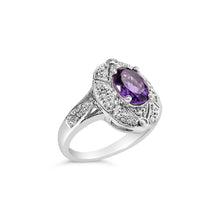 Load image into Gallery viewer, .925 Sterling Silver 9x7mm Oval Purple Amethyst and Diamond Accent Art Deco Style Cocktail Ring (I-J Color, I1-I2 Clarity) - Size 6
