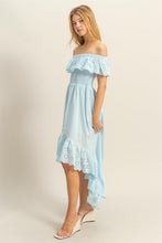 Load image into Gallery viewer, High-Low Eyelet Ruffled Off-Shoulder Dress For Summer – Fluttering, Flirty and Feminine Off-Shoulder Dress with Eyelet Detailing and High-Low Hem
