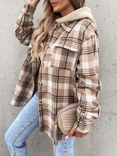 Load image into Gallery viewer, Vintage Retro Style Women Camel Plaid Button Up Jacket with Removable Hood Classic &amp; Cozy Everyday Wear
