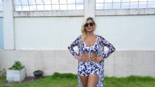 Load image into Gallery viewer, Luxe Lines 3-Piece Geometric Bikini Set for Women – High Rise Drawstring Bikini with Boxer Shorts &amp; Long Sleeve Sheer Kimono Cover-Up – Bold &amp; Breezy Women’s Swimwear for Summer Beach Pool &amp; Getaways
