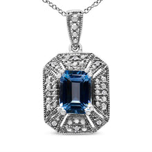 Load image into Gallery viewer, .925 Sterling Silver Blue Topaz and Diamond Accent Art Deco Style 18" Pendant Necklace (I-J Color, I1-I2 Clarity)
