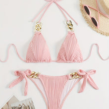 Load image into Gallery viewer, Bikini Ruched Texture Golden Chain 2 Piece Triangle Swimsuit for Women – Striped Halter Bikini Set with Bow Tie Side and Elegant Ring Link Detail – Stretchy Beachwear for Pool Bathing and Summer Vacations
