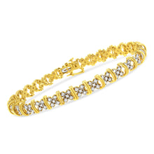 将图片加载到图库查看器，10K Yellow Gold Plated .925 Sterling Silver 2.0 Cttw Round Diamond Cluster "X" Shaped Link Bracelet (H-I Color, I3 Clarity) - 7"
