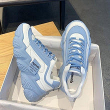 将图片加载到图库查看器，Casual Womens Blue Sneakers High Heels Platform Sports Shoes Autumn Thick Bottom Walking Breathable Vulcanized Shoes Luxury Tennis Sneakers Trainers Lace Up Fashion Design
