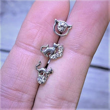 Load image into Gallery viewer, 16G 1/4 Clear Gem Cat Theme Cartilage Tragus Earring Set of 3
