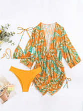 Load image into Gallery viewer, Island Bloom 3-Piece Bikini Set for Women – Tropical Leaf Print Fluttering Swimwear with Flattering Halter Neck Top High Waist Bottoms &amp; Adjustable Drawstring Cover Up – Perfect for Koningsdag Celebrations &amp; Summer Adventures
