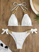 Load image into Gallery viewer, Bikini Ruched Texture Golden Chain 2 Piece Triangle Swimsuit for Women – Striped Halter Bikini Set with Bow Tie Side and Elegant Ring Link Detail – Stretchy Beachwear for Pool Bathing and Summer Vacations
