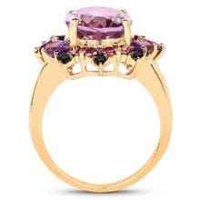 Load image into Gallery viewer, 14K Yellow Gold Plated 5.25 Carat Genuine Amethyst, Rhodolite and Blue Diamond .925 Sterling Silver Ring
