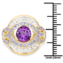 将图片加载到图库查看器，14K Yellow Gold Plated 3.93 Carat Genuine Amethyst, Tanzanite and White Topaz .925 Sterling Silver Ring
