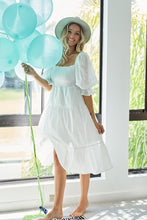 将图片加载到图库查看器，New Summer Dot Flounce Sleeve Smocked Tiered Midi Dress – Fluttering, Charming Swiss Dot Dress with Flounce Sleeves, Smocked Waist, and Tiered Design
