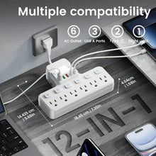 Load image into Gallery viewer, 12-in-1 Adjustable Desk Lamp Power Strip – 6 AC Outlets, 3 USB-A &amp; 2 Type-C Ports, Surge Protection
