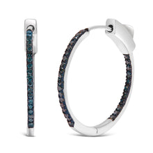 将图片加载到图库查看器，.925 Sterling Silver 1/3 Cttw Inside Out Blue Treated Diamond 1MM Wide Hoop Earrings (Blue Color, I2-I3 Clarity)
