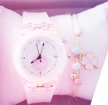 将图片加载到图库查看器，Children Silicone Strap Watches Electronic Colorful Light Source Child Watch Girls Birthday Party Gift Transparent Watchband New Fashion Small Fresh And Simple Girls Electronic Quartz Watch
