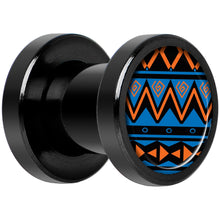 Load image into Gallery viewer, Blue Orange Tribal Print Black Anodized Screw Fit Plug Set 2G
