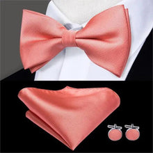 Load image into Gallery viewer, Classic Green Bow Ties Men Silk Butterfly Tie  With Pocket Square And Cufflinks Set For Men Elegant Design Wedding Party Bowties Solid Color Gentleman Bow Tie And Pocket Square Cufflink Set
