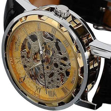 将图片加载到图库查看器，Classic Men's Black Leather Band Skeleton Mechanical Sports Army Wrist Watch
