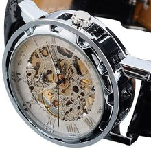 将图片加载到图库查看器，Classic Men's Black Leather Band Skeleton Mechanical Sports Army Wrist Watch
