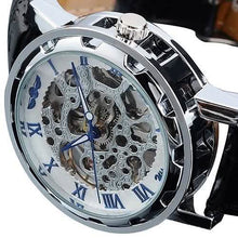 将图片加载到图库查看器，Classic Men's Black Leather Band Skeleton Mechanical Sports Army Wrist Watch
