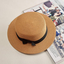 将图片加载到图库查看器，Classic Simple Female Hat For Summer Beach Hat Casual Lady Summer Solid Color Straw Hat Women Elegant Hat Traveling Hats UV Protection Sun Cap Women Flat Bowknot Design Cute Cap Girls Hat 56-58cm

