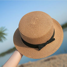 将图片加载到图库查看器，Classic Simple Female Hat For Summer Beach Hat Casual Lady Summer Solid Color Straw Hat Women Elegant Hat Traveling Hats UV Protection Sun Cap Women Flat Bowknot Design Cute Cap Girls Hat 56-58cm
