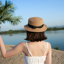 将图片加载到图库查看器，Classic Simple Female Hat For Summer Beach Hat Casual Lady Summer Solid Color Straw Hat Women Elegant Hat Traveling Hats UV Protection Sun Cap Women Flat Bowknot Design Cute Cap Girls Hat 56-58cm
