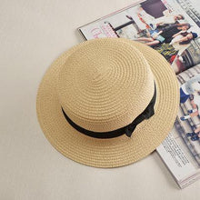 将图片加载到图库查看器，Classic Simple Female Hat For Summer Beach Hat Casual Lady Summer Solid Color Straw Hat Women Elegant Hat Traveling Hats UV Protection Sun Cap Women Flat Bowknot Design Cute Cap Girls Hat 56-58cm
