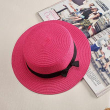 将图片加载到图库查看器，Classic Simple Female Hat For Summer Beach Hat Casual Lady Summer Solid Color Straw Hat Women Elegant Hat Traveling Hats UV Protection Sun Cap Women Flat Bowknot Design Cute Cap Girls Hat 56-58cm
