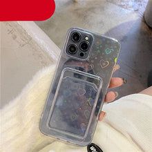 Load image into Gallery viewer, Clear Holographic Love Heart Pattern Cute Case with Card Holder Love Gradient Transparent Soft Case For iPhone 14 13 11 12 Pro Max Mini  X XS XR 7 8 Plus Wallet Card Holder Cover
