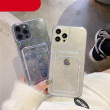 Load image into Gallery viewer, Clear Holographic Love Heart Pattern Cute Case with Card Holder Love Gradient Transparent Soft Case For iPhone 14 13 11 12 Pro Max Mini  X XS XR 7 8 Plus Wallet Card Holder Cover
