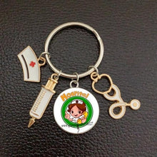 Load image into Gallery viewer, Creative Doctor Keychain Unique Personality Syringe Stethoscope Pendant Keychain Cartoon Colorful Handbag Pendant Keychain Doctor Injection Stethoscope Picture Keychain Round Dome Pendant Women Alloy Keychain
