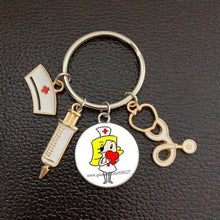 Load image into Gallery viewer, Creative Doctor Keychain Unique Personality Syringe Stethoscope Pendant Keychain Cartoon Colorful Handbag Pendant Keychain Doctor Injection Stethoscope Picture Keychain Round Dome Pendant Women Alloy Keychain
