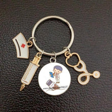 Load image into Gallery viewer, Creative Doctor Keychain Unique Personality Syringe Stethoscope Pendant Keychain Cartoon Colorful Handbag Pendant Keychain Doctor Injection Stethoscope Picture Keychain Round Dome Pendant Women Alloy Keychain
