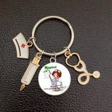 Load image into Gallery viewer, Creative Doctor Keychain Unique Personality Syringe Stethoscope Pendant Keychain Cartoon Colorful Handbag Pendant Keychain Doctor Injection Stethoscope Picture Keychain Round Dome Pendant Women Alloy Keychain

