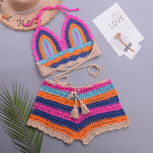 将图片加载到图库查看器，Crochet Bikini Sets Multi Color Knitted Rainbow Striped Off Shoulder Top Bottom Bikini Women's Crochet Striped Lace Up  Shorts Bikini Set 2 PCS Knit Bathing Suit Swimsuit Beachwear Bathing Suit Women Swimsuit
